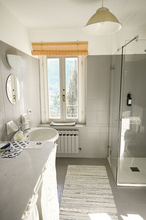 Combined shower/bathtub, hair dryer, bidet, towels