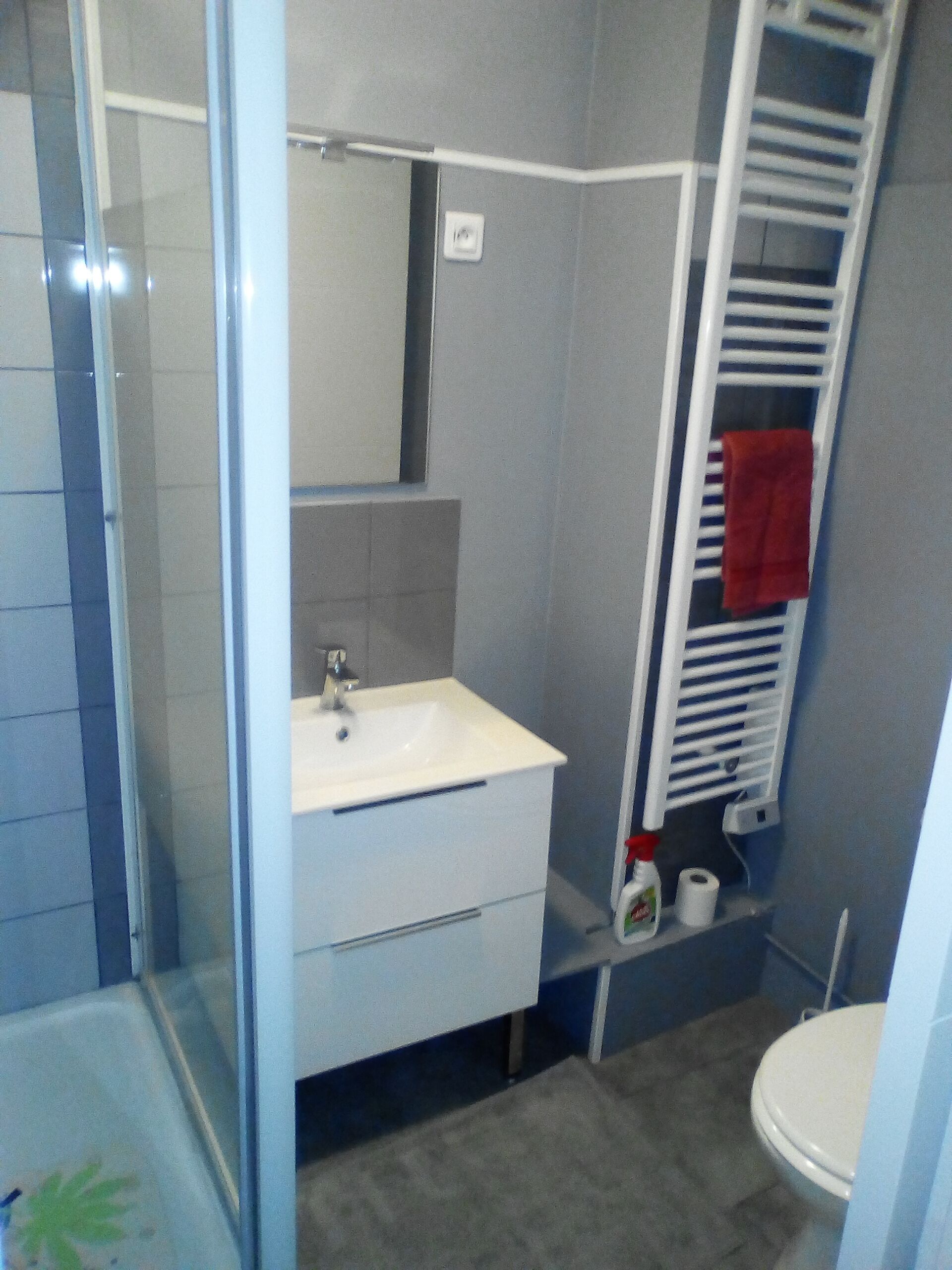 A bathroom with a glass shower enclosure, a white sink, a mirror, a towel rack with a red towel, and a toilet.