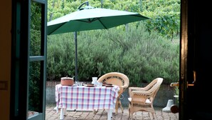 An open door leading to an outdoor patio with a table set for two, a wicker chair, and a green umbrella. - Buon Riposo - Farmhouse in the heart of  Tuscany, two bedrooms house - free wifi (MONTAIONE)