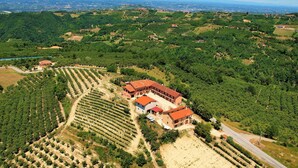 Une vue aérienne d’un vignoble avec des rangées de vignes, un grand bâtiment doté d’un toit rouge et une route menant à la propriété.