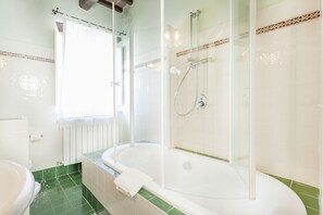 Combined shower/tub, hair dryer, bidet, towels