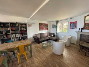 Smart TV, fireplace, books, music library