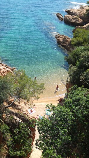 A coastal beach with clear water, rocky outcrops, and greenery.