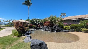 A landscaped garden with a pond, rocks, and tropical plants.