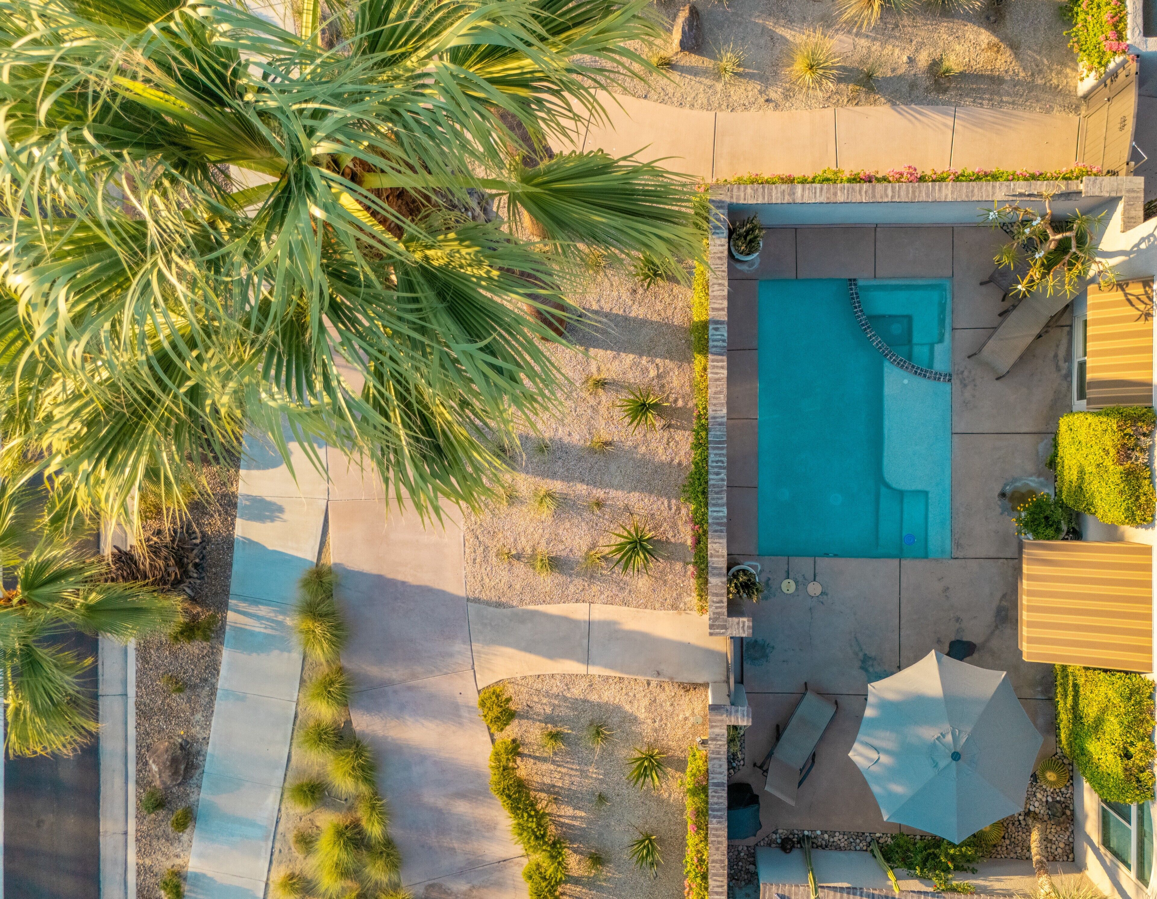 Vue aérienne d’un complexe hôtelier doté d’une piscine, de palmiers et d’un espace patio.