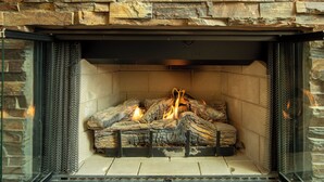 A stone fireplace with a fire burning inside, surrounded by stone walls and a framed picture above. - Beautiful & Romantic Downtown Private Pool & Spa.  Amazing Westerly facing views (Palm Springs)