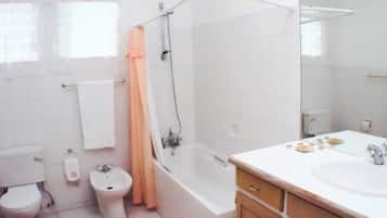 Combined shower/tub, bidet, towels, toilet paper