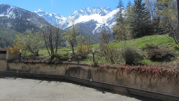 A view of a mountainous landscape with snow-capped peaks, a road with a concrete barrier, and sparse vegetation including trees and shrubs.