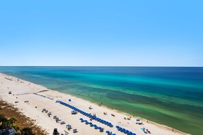 Une plage bordée de rangées de parasols bleus et de chaises de plage, un ciel bleu dégagé et une mer calme.