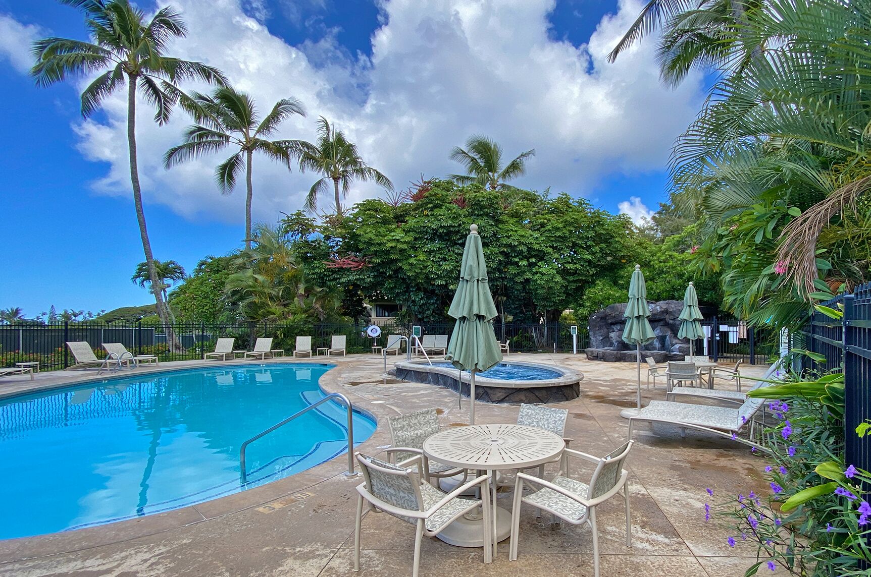 A swimming pool with lounge chairs and umbrellas, surrounded by palm trees and greenery.