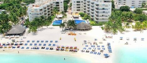 On the beach, sun-loungers, beach towels
