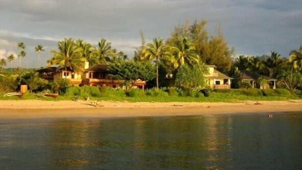 A beach scene with houses and palm trees.