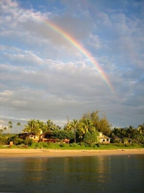 A beach scene with houses and palm trees. - Beautiful Romantic Hanalei Honeymoon Vacation Rental Steps/Beach TVNC 1280 (Hanalei)