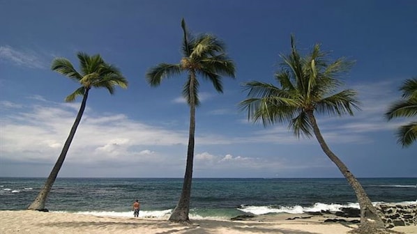 On the beach, sun-loungers, beach towels