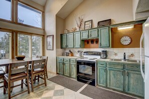 Fridge, microwave, oven, stovetop - Family-Friendly 2BR/2BA – Ski In, 200 Steps to Lift, Heated Garage, Walk to Town (Breckenridge)