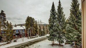 Una calle residencial con suelo cubierto de nieve, casas y altos árboles de hoja perenne.