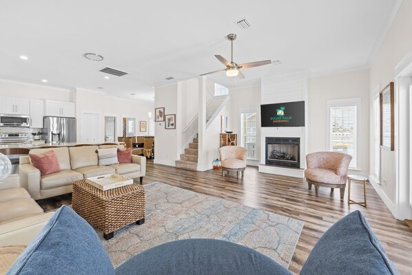 Smart TV, fireplace, video games, DVD player