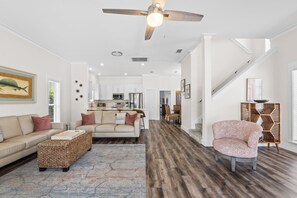 Smart TV, fireplace, video games, DVD player