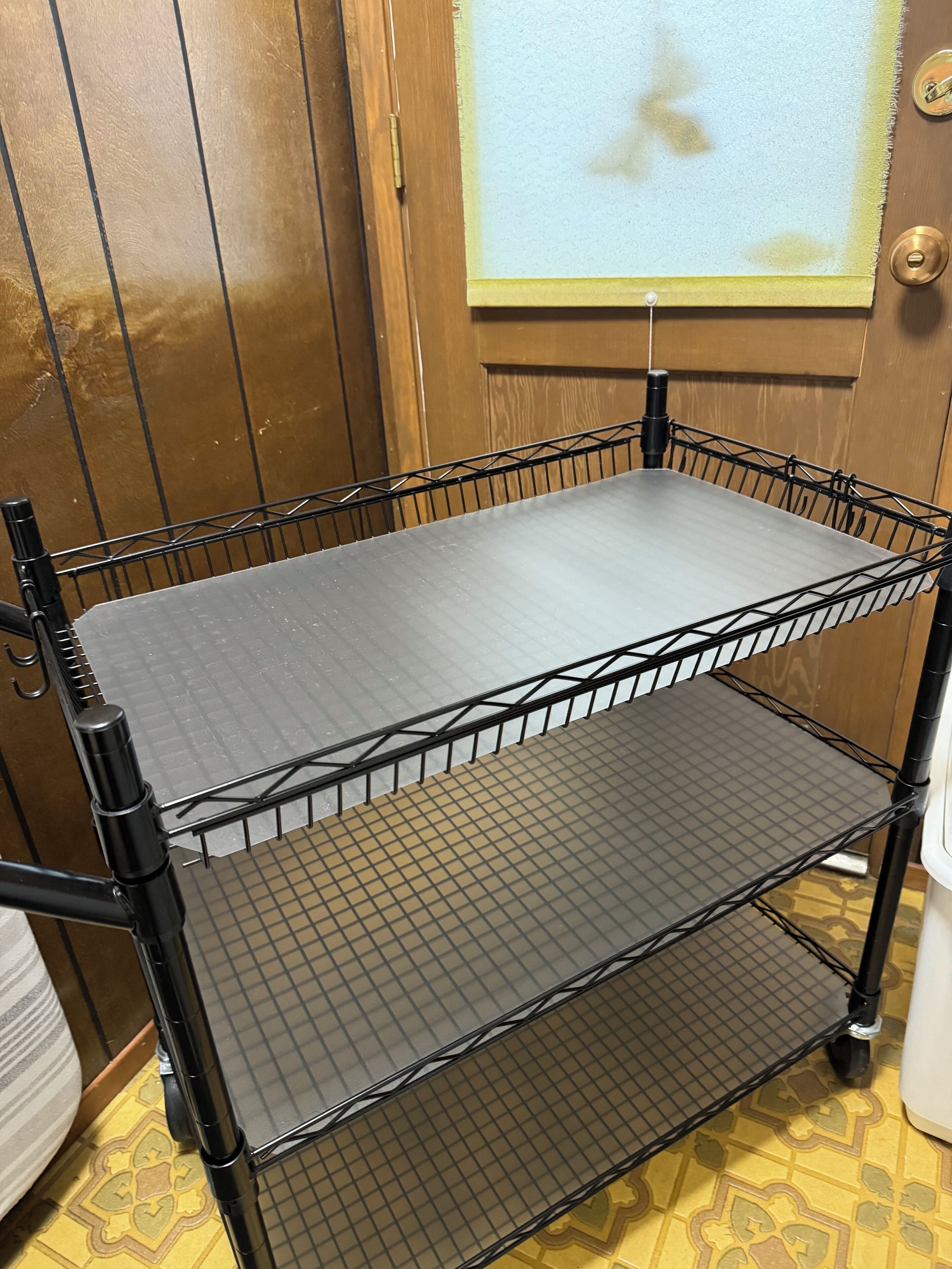 A metal cart with two shelves, positioned in front of a wooden door with a window.