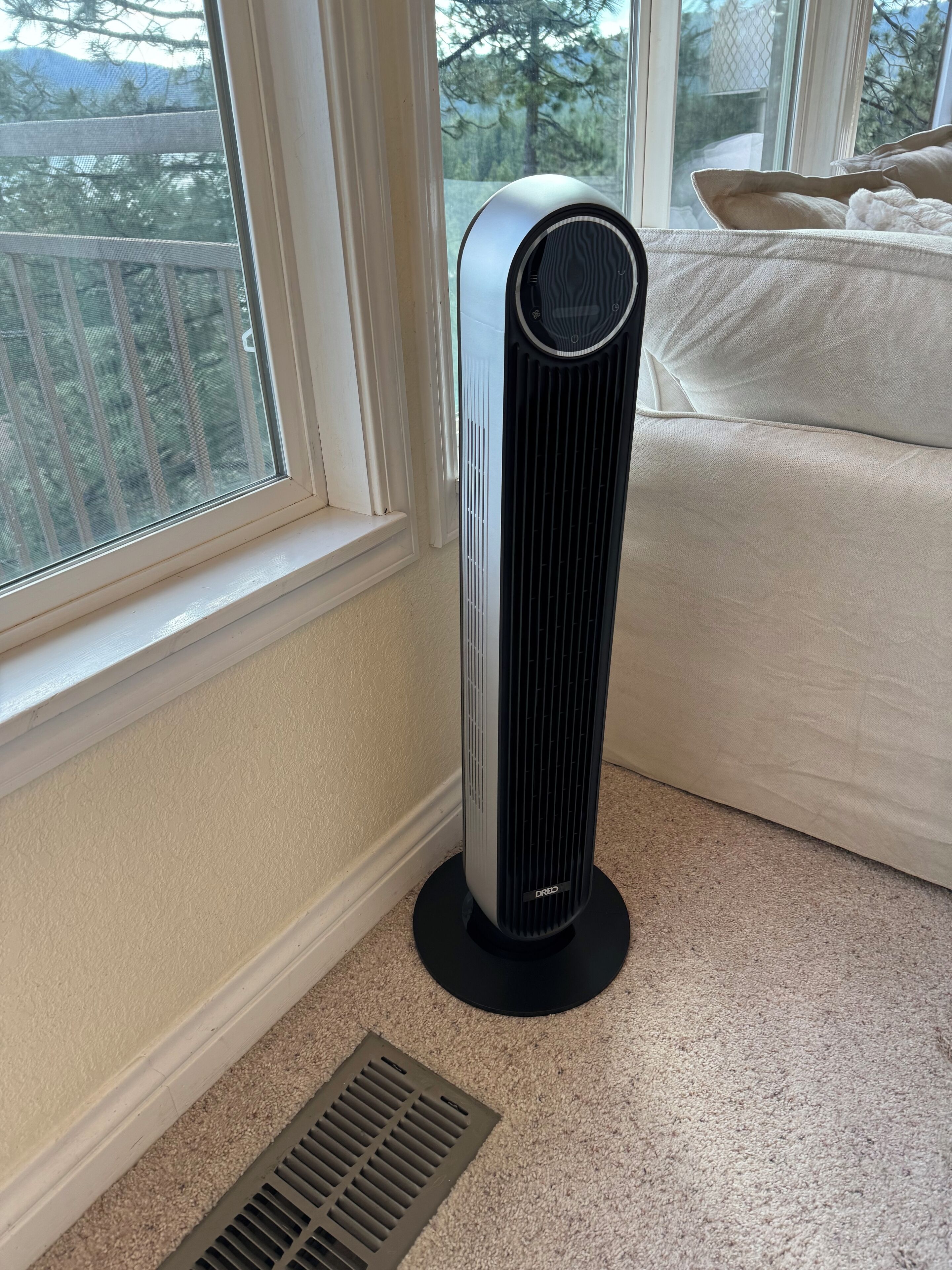 Une pièce avec un radiateur mobile, une fenêtre donnant sur des arbres et un canapé blanc.