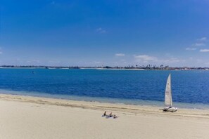 On the beach, sun-loungers, beach towels