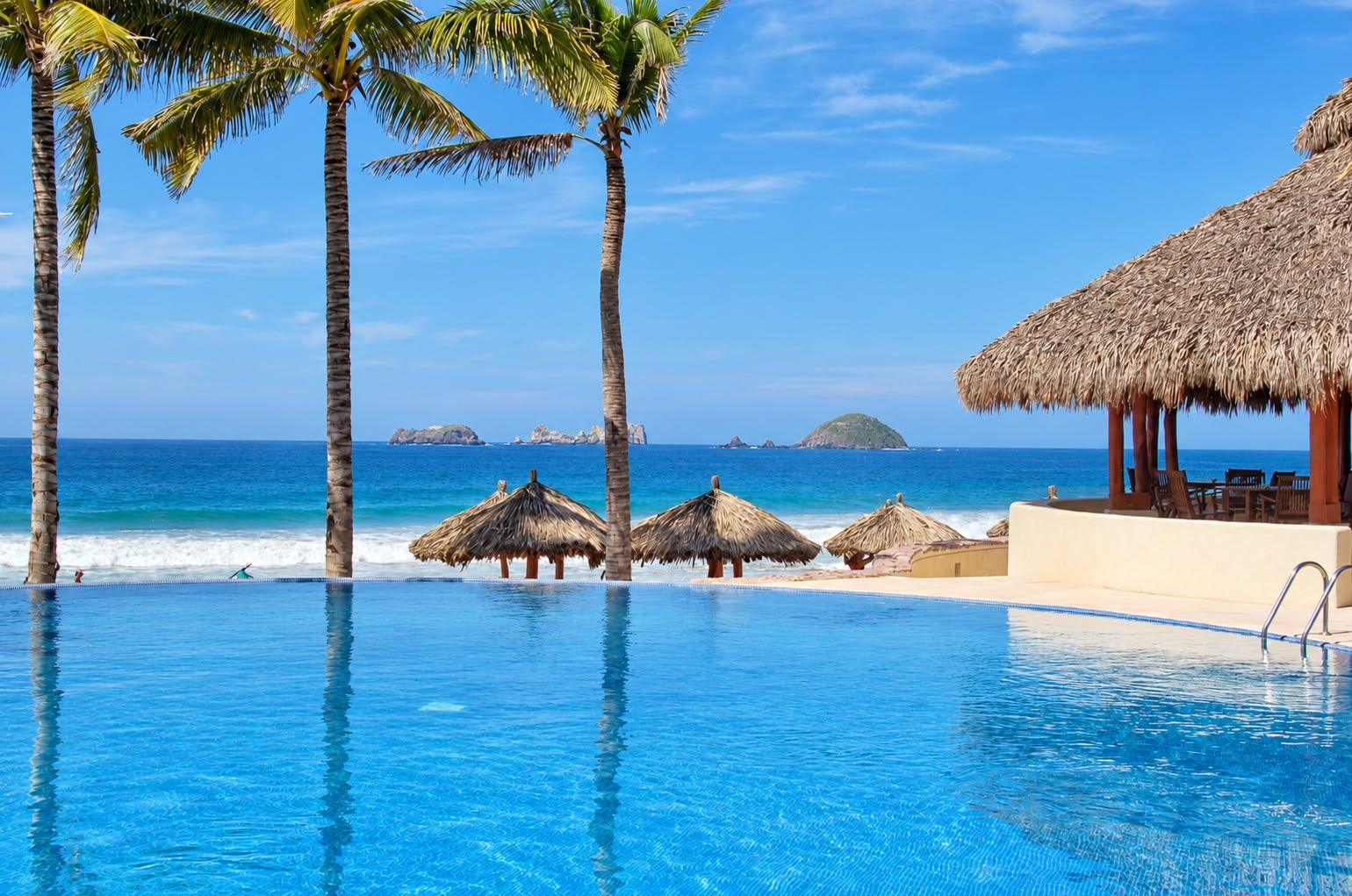 An infinity pool with a view of the ocean and palm trees.