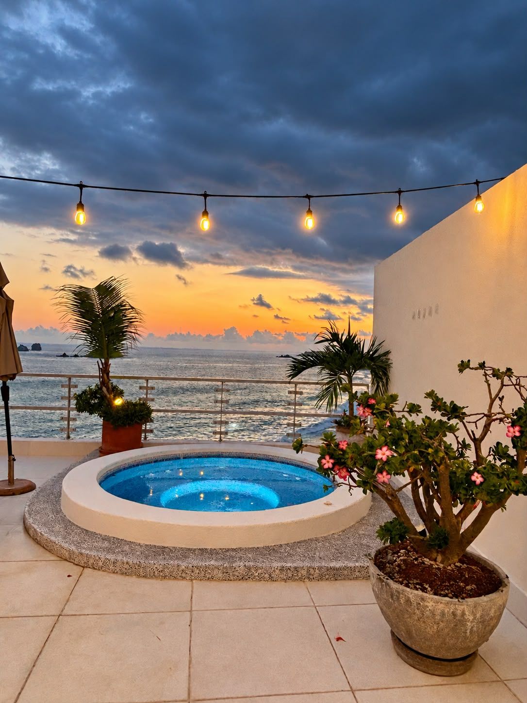 Un espace piscine avec vue sur la mer, agrémenté de plantes en pot et illuminé de guirlandes lumineuses.