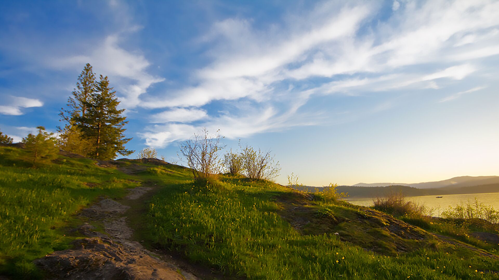 A grassy hillside with a clear sky and a lake in the distance.