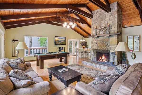 TV, fireplace, DVD player, books