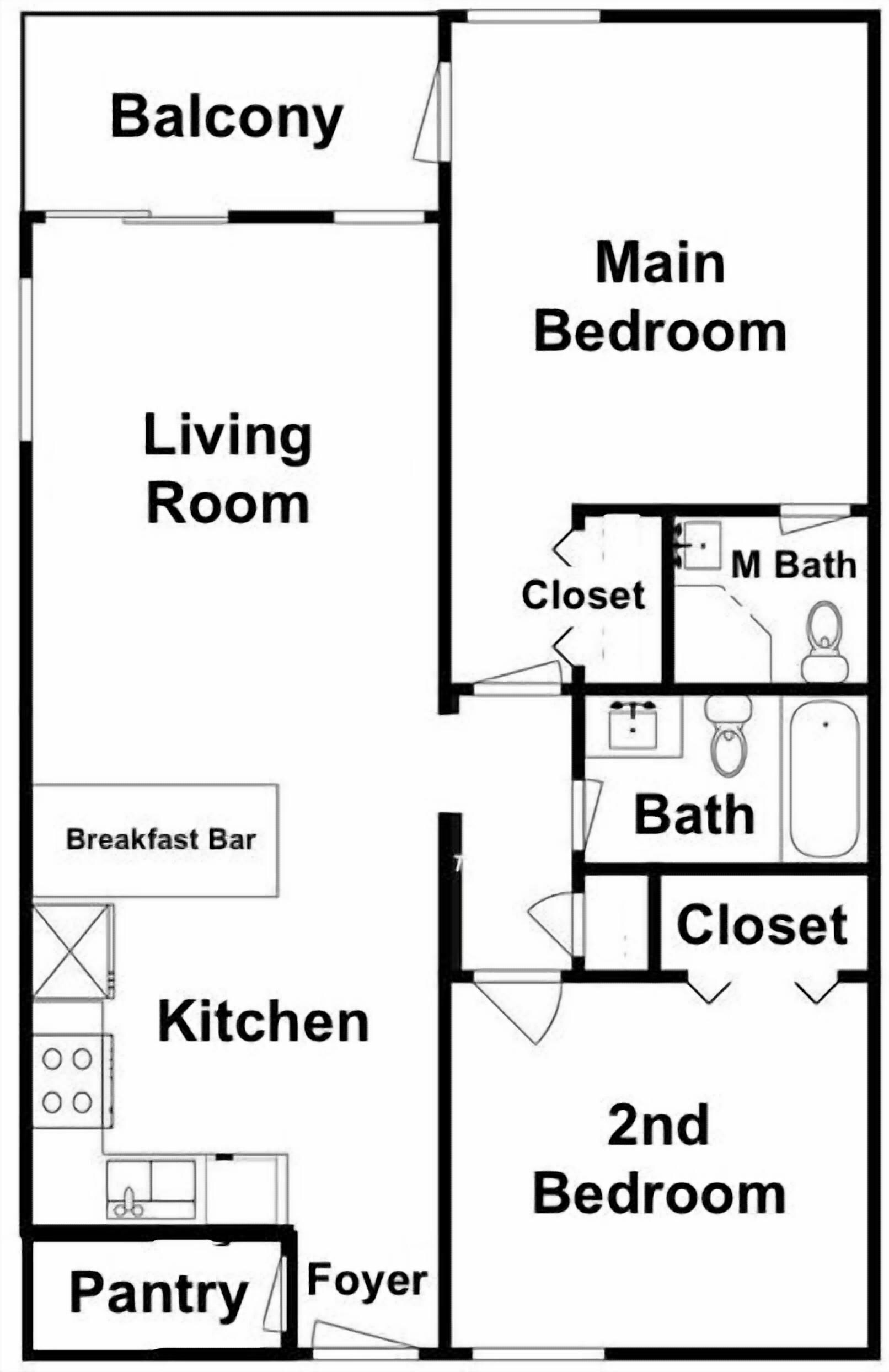 A floor plan of a house with a living room, balcony, kitchen, pantry, two bedrooms, and a breakfast bar.