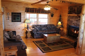 Smart TV, fireplace, DVD player, foosball