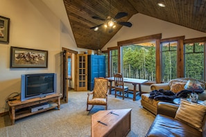 Smart TV, fireplace, DVD player, books