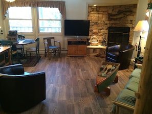 Télévision, cheminée, lecteur de DVD, livres