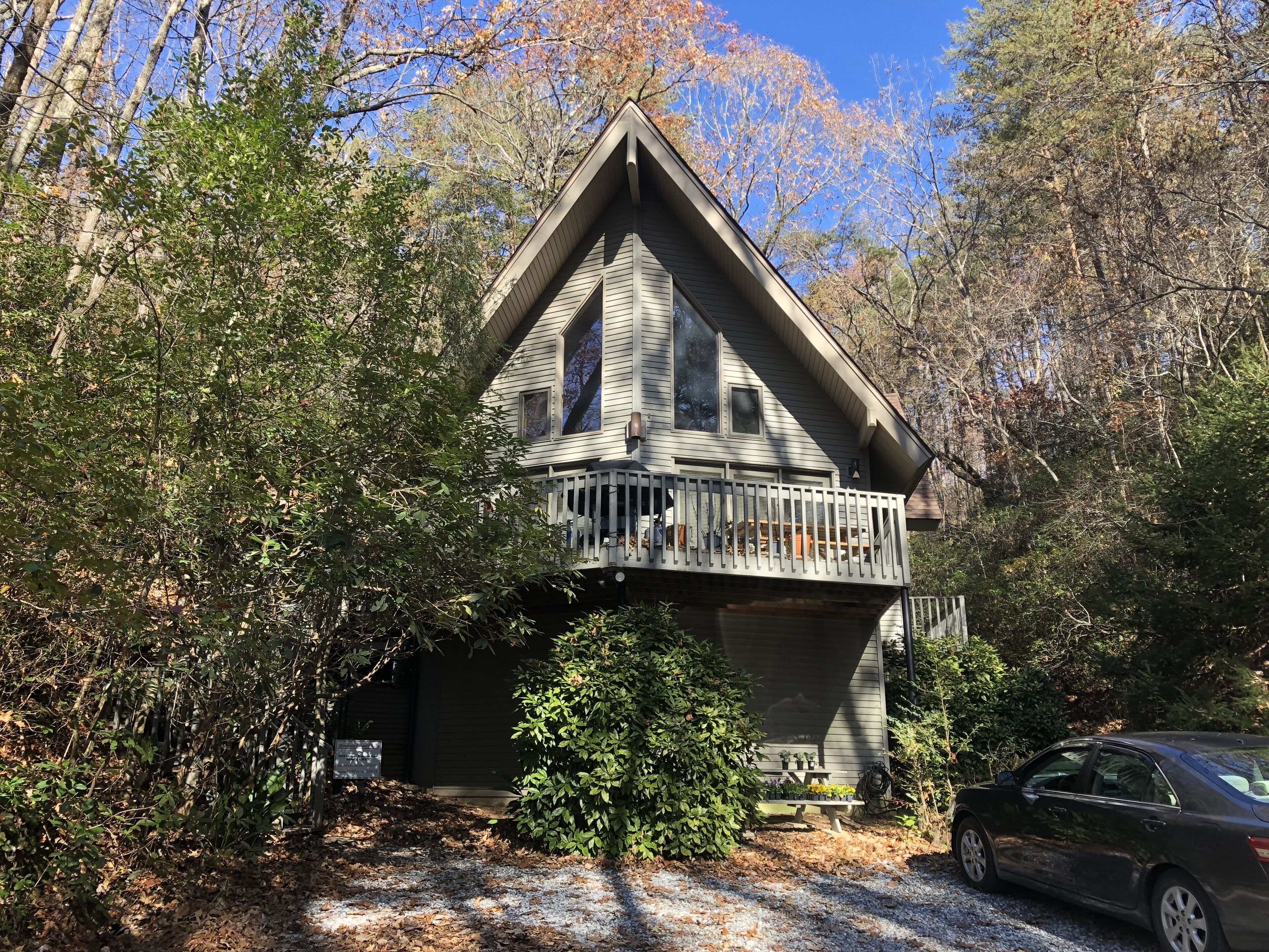 A cabin with a balcony, surrounded by dense forest.