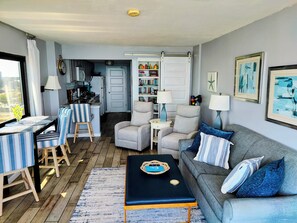 Smart TV, fireplace, DVD player, books
