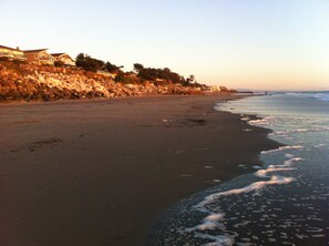 A beach with a rocky cliff and houses in the background.