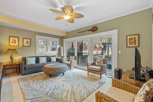 Smart TV, fireplace, DVD player, books