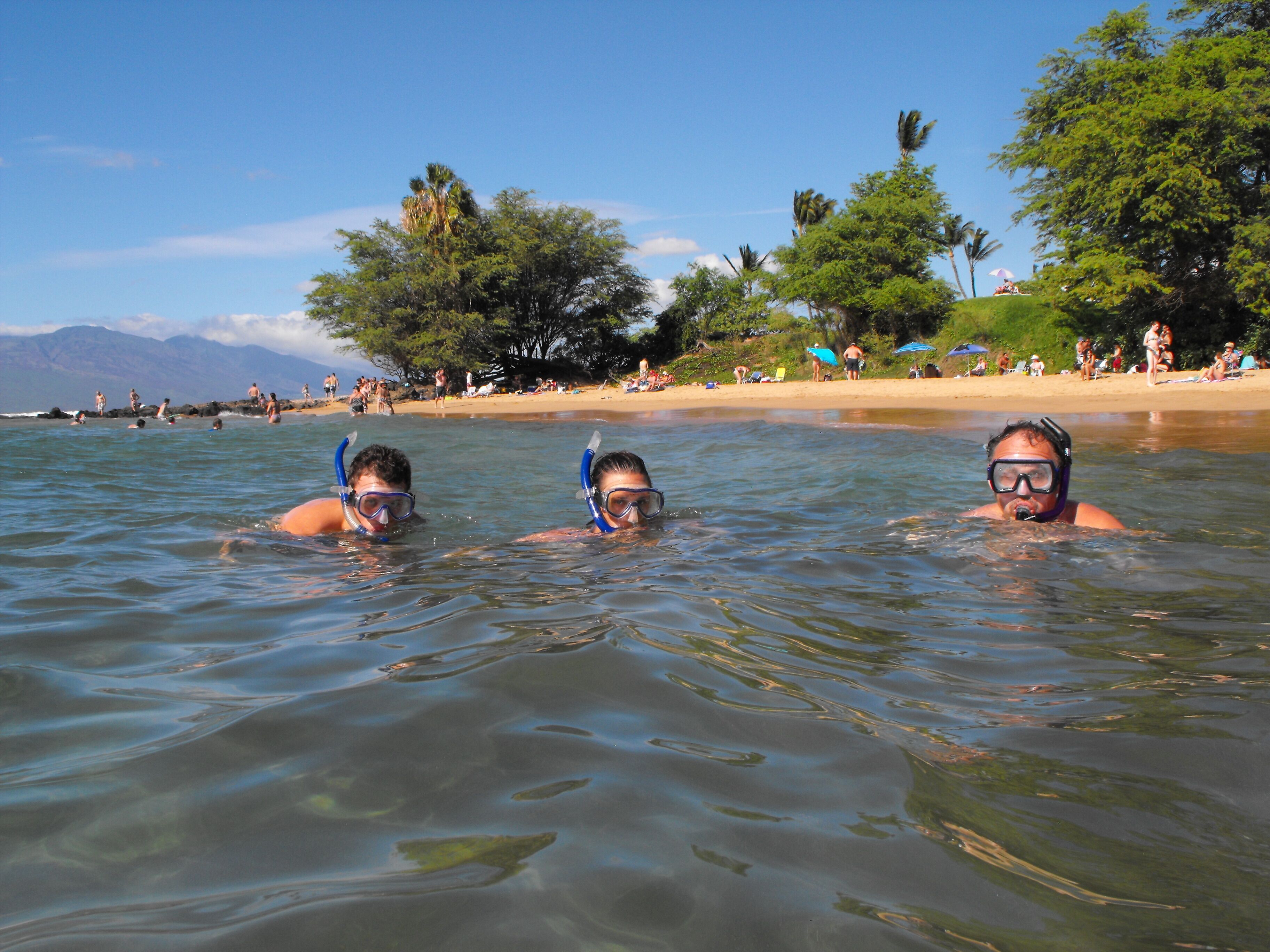 Tres personas haciendo snorkel en aguas cristalinas, con una playa y árboles al fondo.