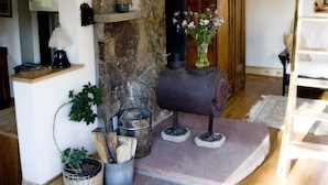 A cozy room with a stone fireplace, wooden shelves, and a ladder. - Mountain View Chalet - Fantastic Views and Privacy  (Blackhawk)