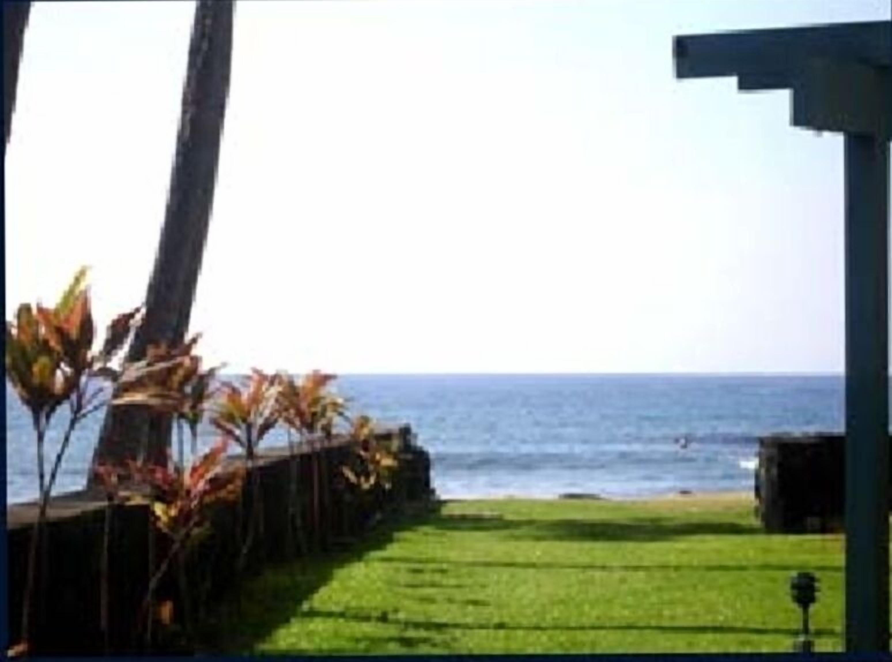 A view of a grassy area with a wooden structure and a view of the ocean.