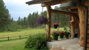 A wooden cabin with a porch, potted plants, and a view of a forested area. - Little Elk Cottage in Scenic Vanocker Canyon - Blue Skies and Meadow Views! (Nemo)