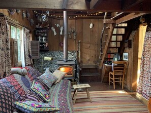 Una Smart TV, un reproductor de DVD, libros, una biblioteca de música