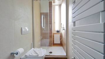 A modern bathroom with a glass shower enclosure, a toilet, and a sink.