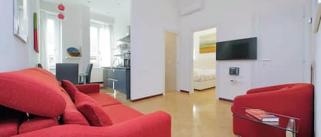 LCD TV, DVD player, books, stereo