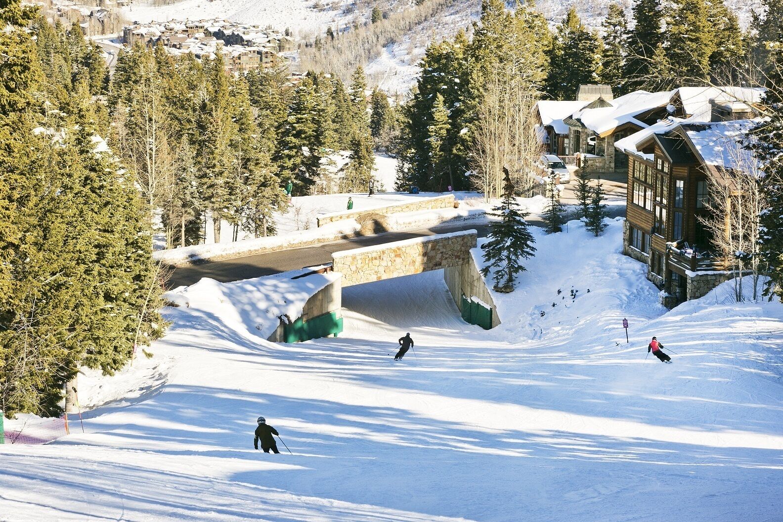 Ein Skigebiet mit einer Steinbrücke, schneebedeckten Bäumen und einem Gebäude mit einem geneigten Dach.