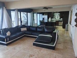 TV, DVD player, video library, stereo