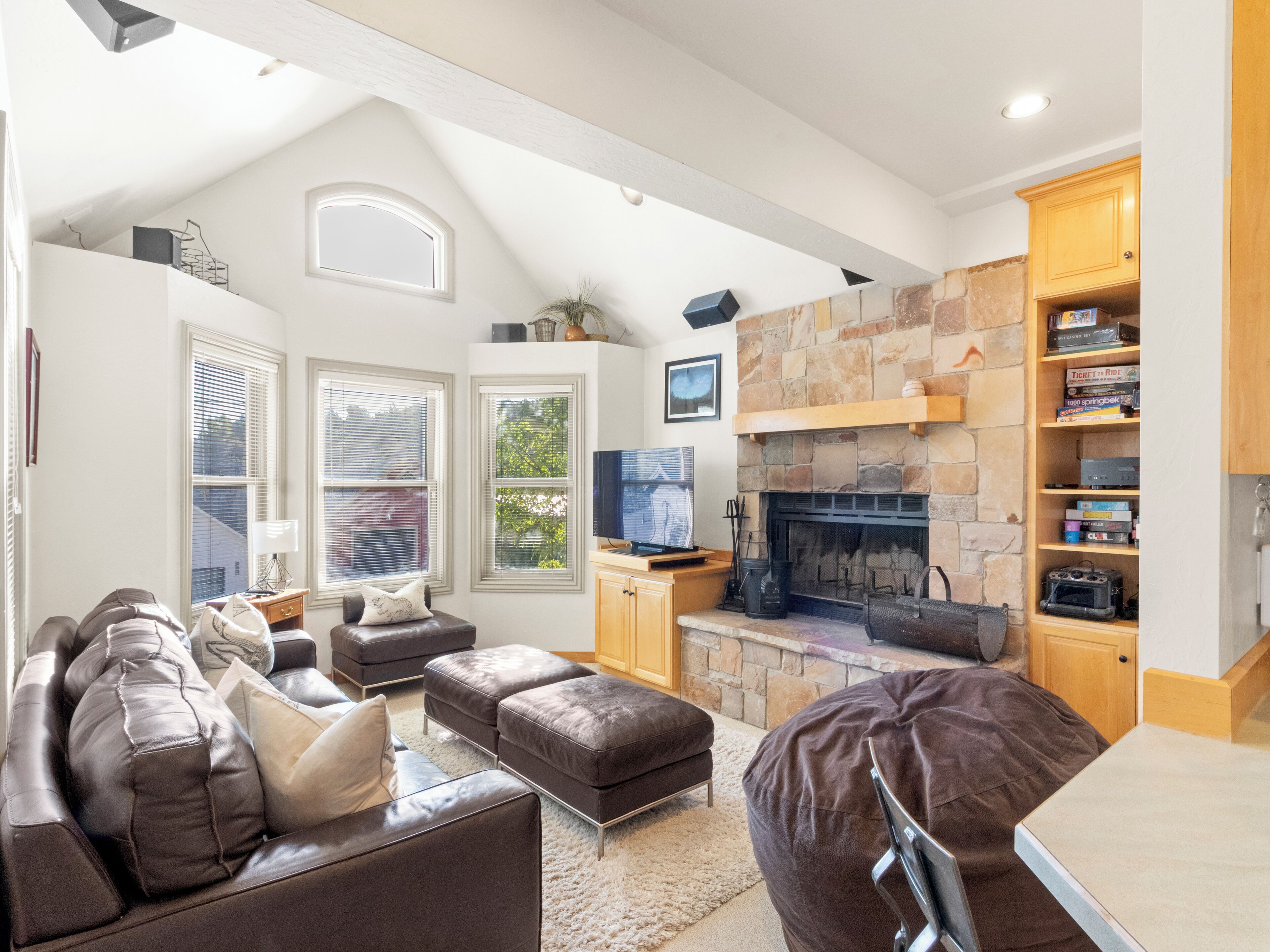 Smart TV, fireplace, video games, DVD player