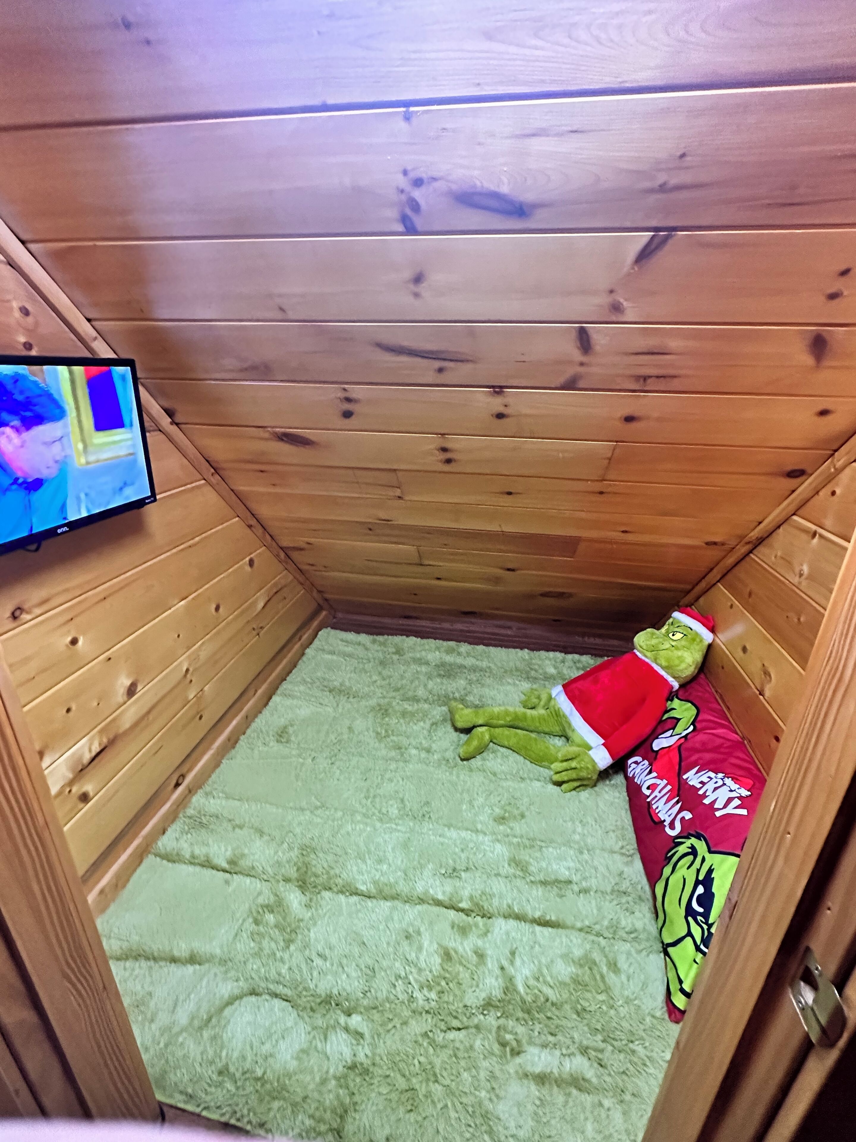 A wooden cabin with a plush green carpet, a television on the wall, and a Grinch plush toy lying on the floor.