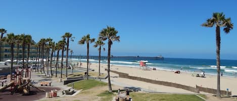 On the beach, sun-loungers, beach towels