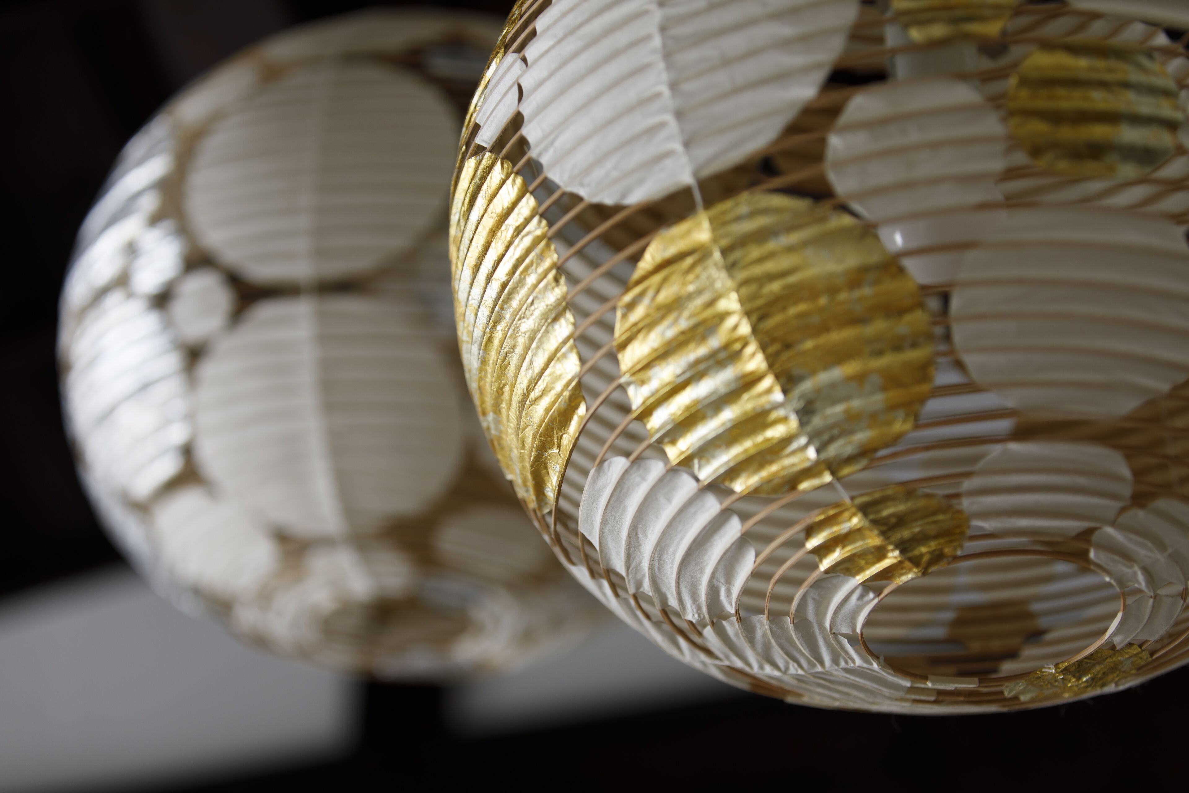 A close-up of a spherical decorative object with a textured surface.